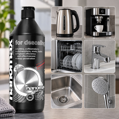 NANOMAX PRO Entkalker, 1-Liter-Flasche, neben Abbildungen von Wasserkocher, Kaffeemaschine, Geschirrspüler, Armatur, Spülbecken und Duschkopf.