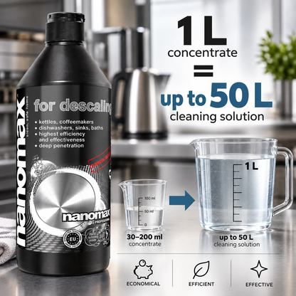 NANOMAX PRO Entkalker, 1-Liter-Flasche. Infografik zur Ergiebigkeit: laut Abbildung bis zu 50 Liter Reinigungslösung aus 1 Liter Konzentrat.