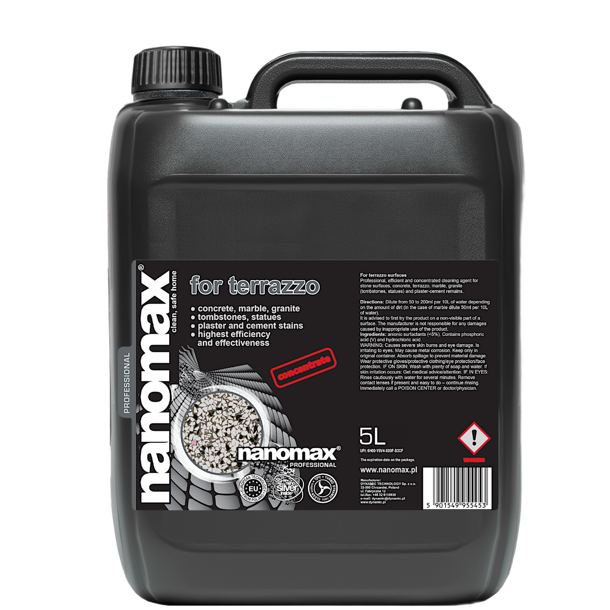 NANOMAX PRO Stein-, Pflaster- und Terrazzoreiniger für Böden – Produkt- und Anwendungsdarstellung