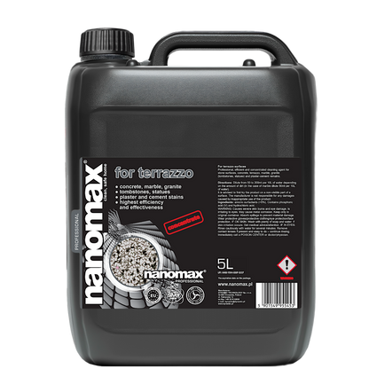 NANOMAX PRO Stein-, Pflaster- und Terrazzoreiniger für Böden – Produkt- und Anwendungsdarstellung